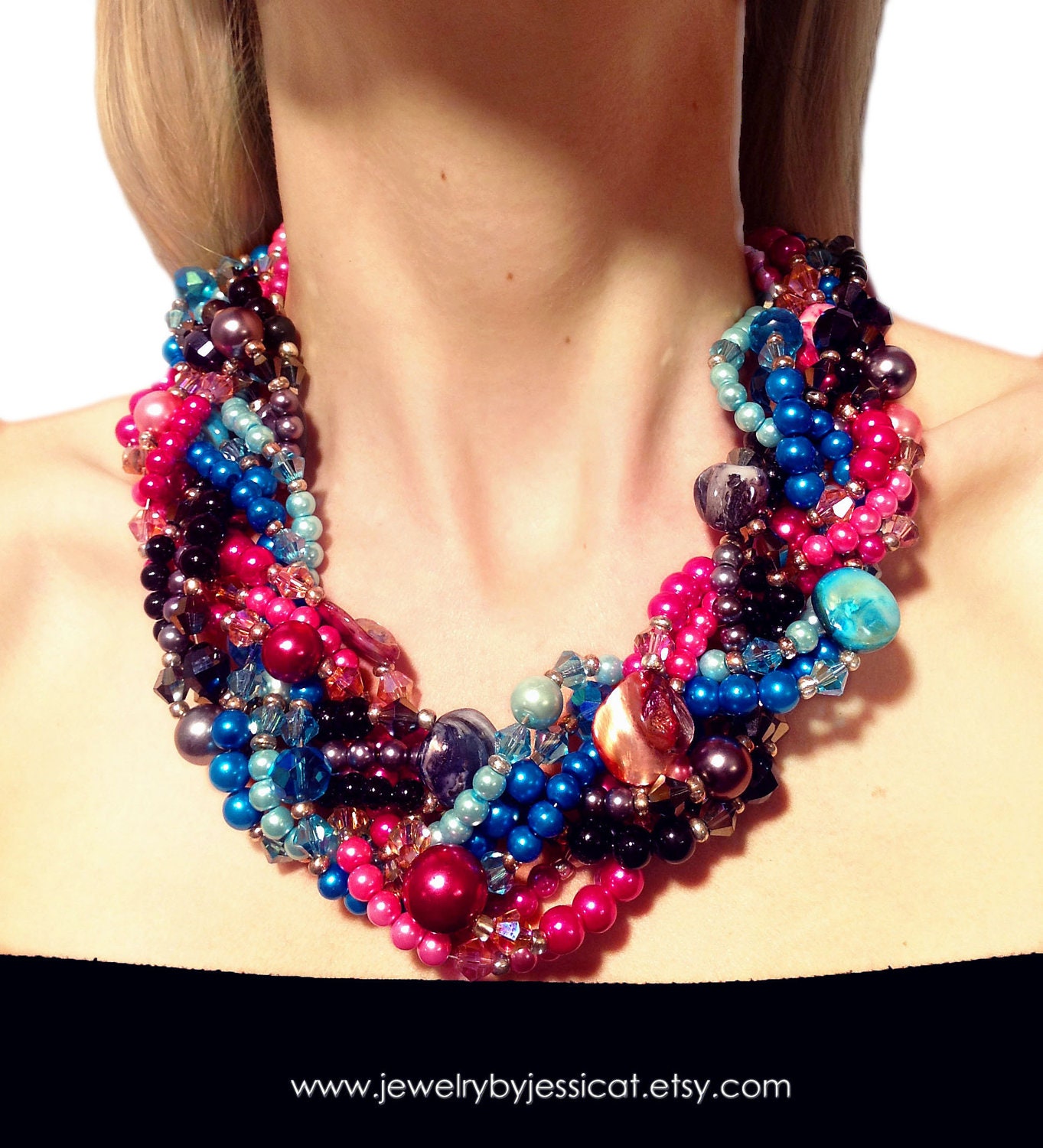 GRAND TWISTED, Statement Necklace, Pink, Magenta, Turquoise, Blue, Black, Aqua, Chunky, Bridal, Bridesmaid, Jewelry by Jessica Theresa