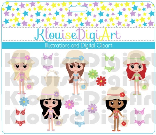Instant Download - Cute Clip Art Dolls Characters - Beach Girls 1 - Bikini  - Digital Clip Art - Personal and Small Commercial Use