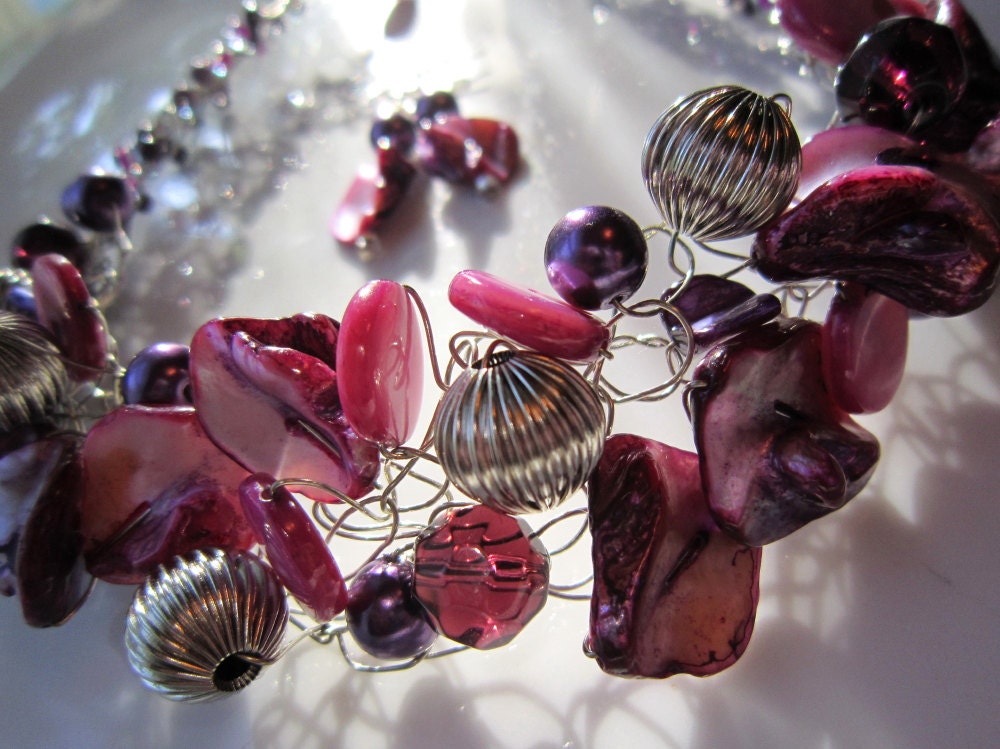 Crochet Wire Necklace and Earrings Set:  Deep Purple