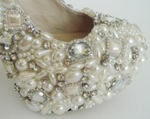 Handmade Super high heels crystal and pearl shoes ivory for wedding or party