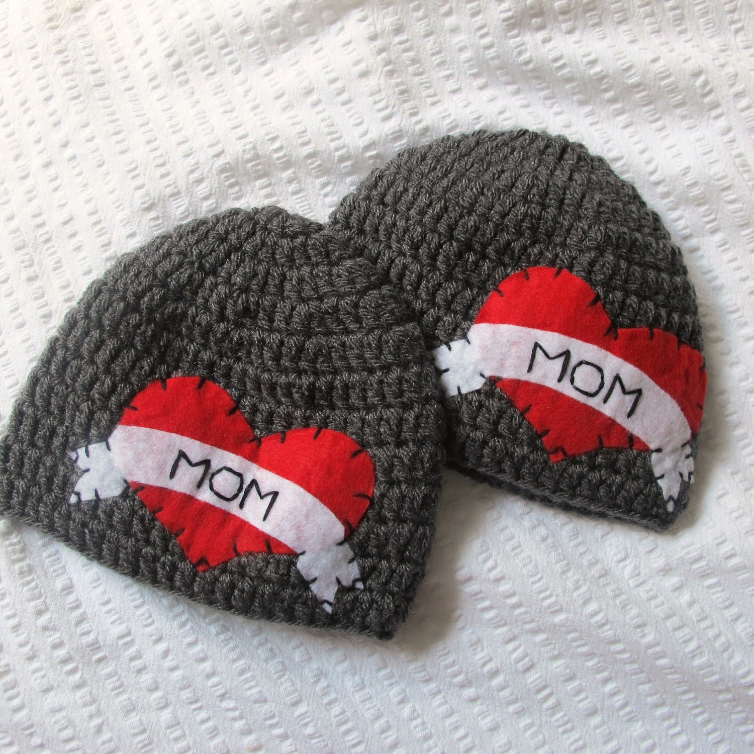 Set of 2 Tattoo I Heart Mom Hat with Felt Appliqué - 1 toddler hat and 1 big boy hat