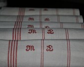 Antique French linen metis Monogramed ML, red stripes, Towel,Torchon, Cloth, French Kitchen, vintage supplies, French housewares,