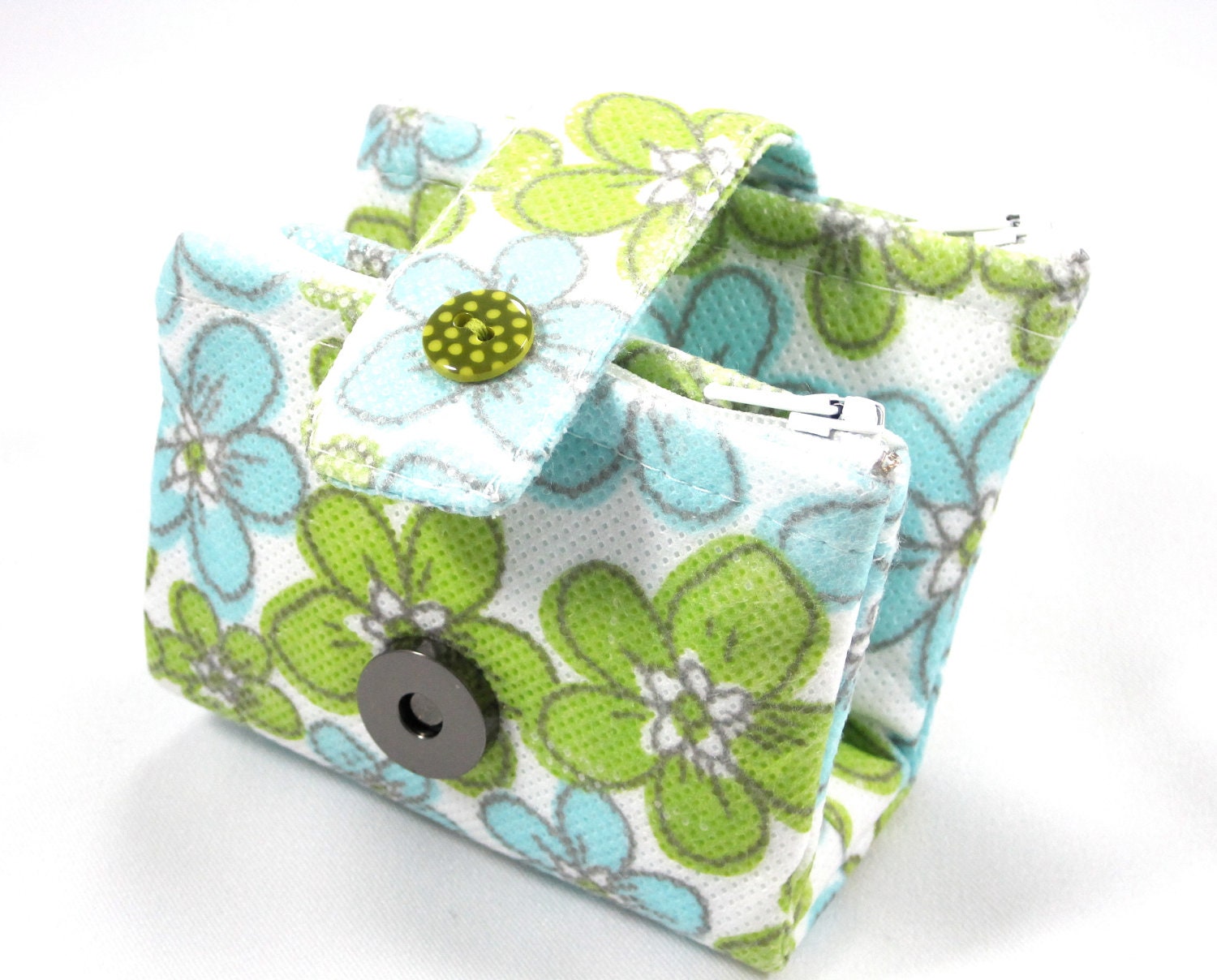 iPod Shuffle Case, Zipper Pouch, Coin Holder, Flowers, Turquoise, Green, White
