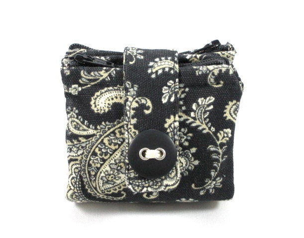 Pouch, Wallet, Double Sided Pouch, Purse, Zipper Pouch, Black, Cream, Paisley