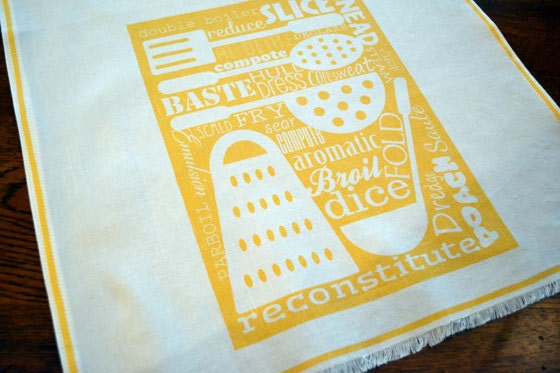 Kitchen Tea Towel - linen, cotton, canvas, kitchen utensils, yellow, typography