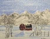 Red Barn Original Painting, Snowstorm, White Winter Wonderland, Fine Art, Whimsical Winter Scene