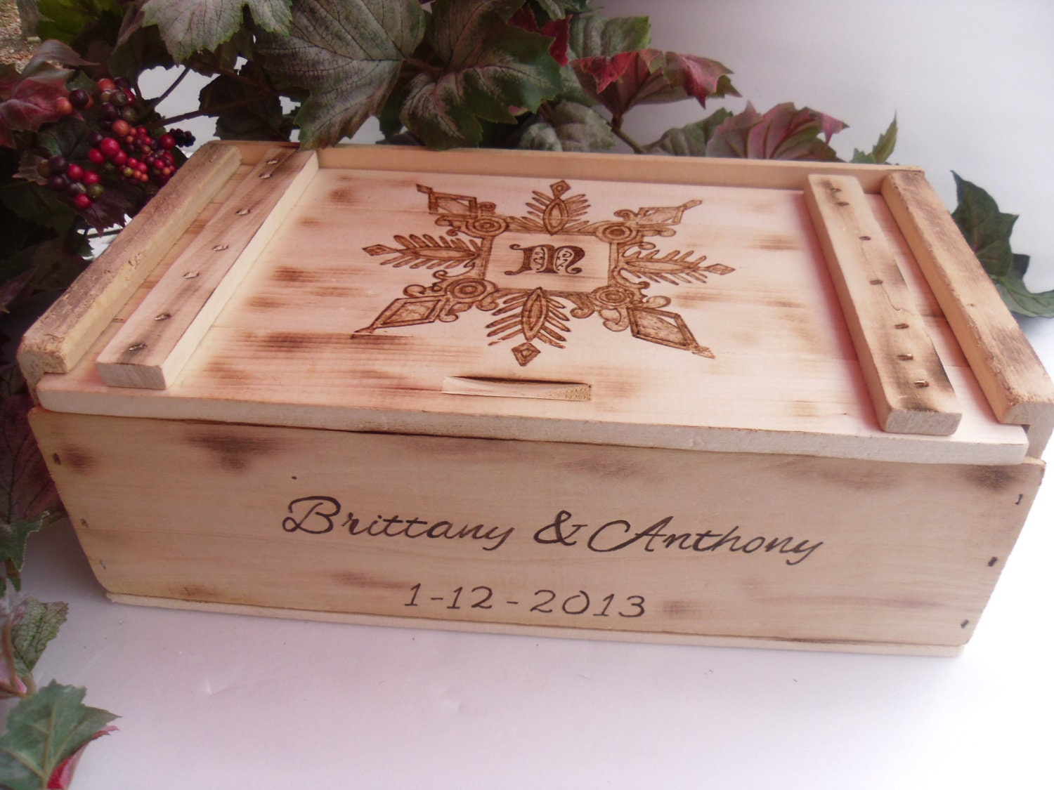 Wine Box  for Winter  Rustic Wedding with Custom Snowflake