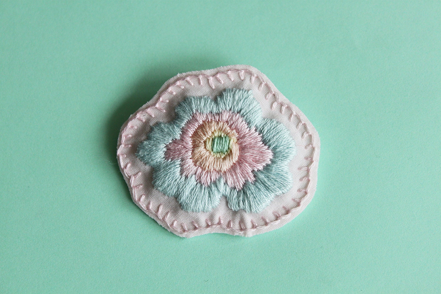 Blue Pastel Hand Embroidered Flower Brooch