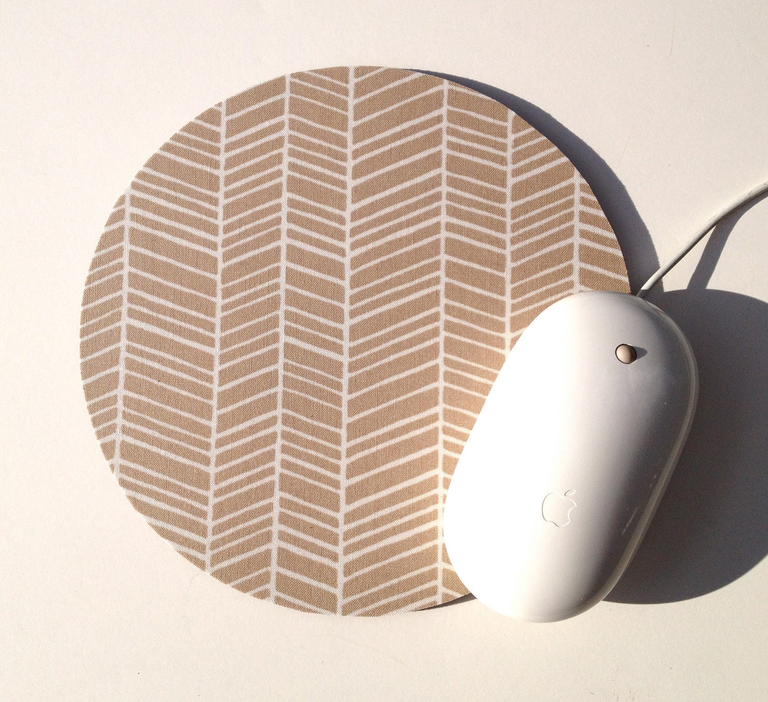 Herringbone Mouse Pad / Chevron Maple Brown Tan and White / Round Mousepad / Office Home Decor