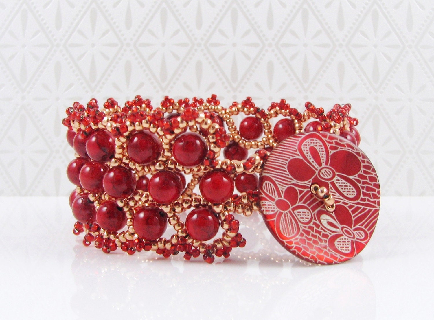 ON SALE 30% OFF & Free Shipping // Beaded Beadwoven Eyelet Wide Cuff // Red Gold Orange Flame Fire // Glass Pearls // Shell Etched Button - SidoniaJewelry