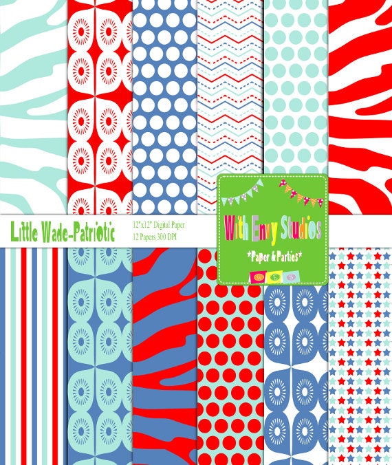 INSTANT DOWNLOAD Digital Scrapbook Paper Set-Little Wade Patriotic Il_570xn