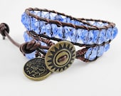 Blue Leather Wrap Bracelet - Birthstone bracelet - beaded leather wrap - sagitarius zodiac bracelet - double wrap leather bracelet