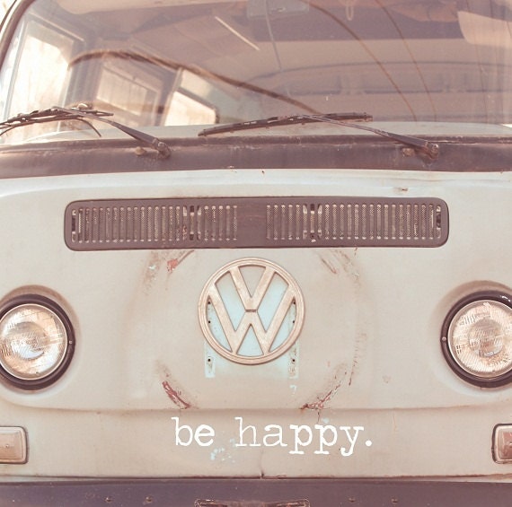 Volkswagon VW Retro Be Happy Funky Vintage VW Bus Hippie Pastel Blue Dreamy Peace Love Grooviness Groovy, 8 x 8 Fine Art Print