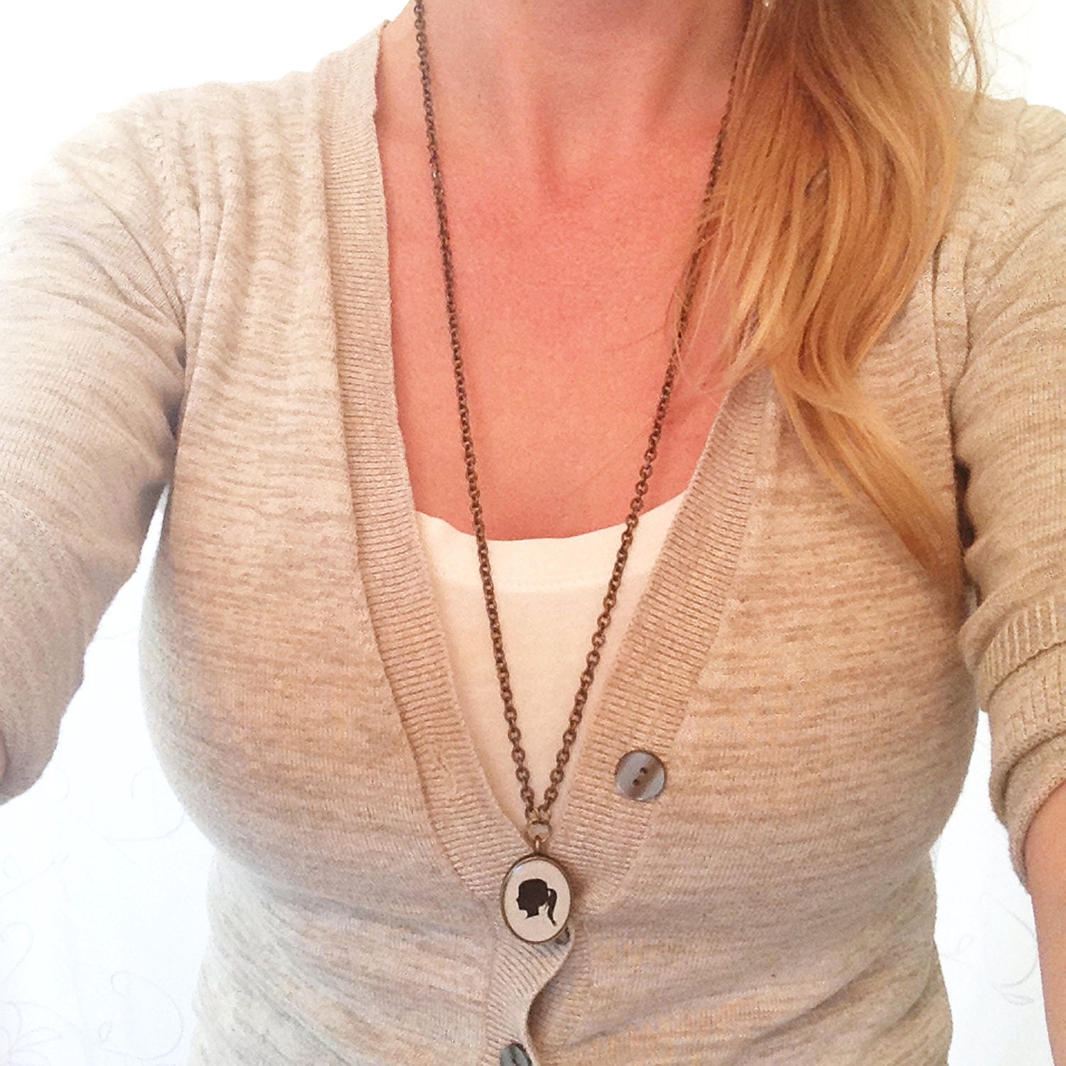 Custom Silhouette Necklace with Oval Pendant, Initial Charm and Pearl Dangle for Mother or Grandmother