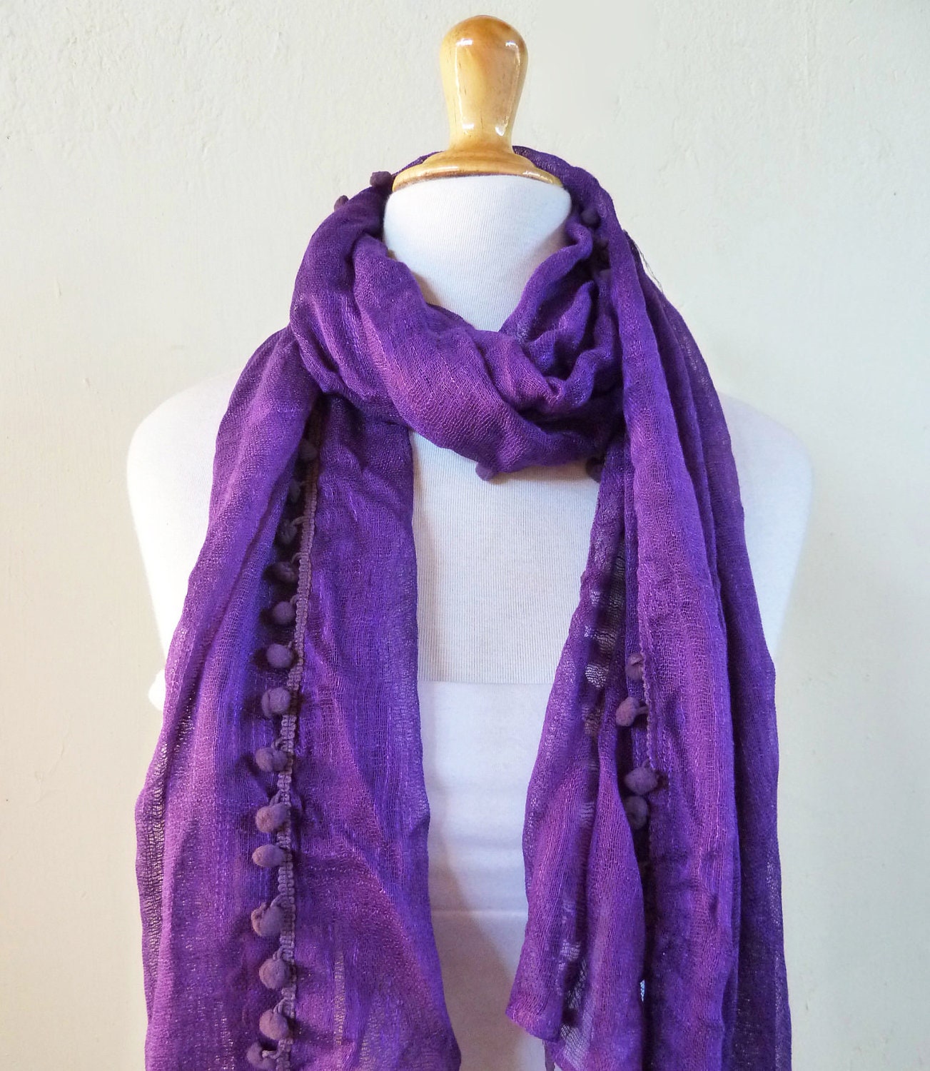 Spring scarf IMPERIAL PURPLE with pom pom edge - scarflette cowl neckwarmer - Spring / Summer - OriginalDesignsByAR