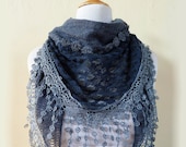 Scarf "Meridian" in PETROL BLUE/Blue Gray with rich lace edge - scarflette cowl neckwarmer - Autumn/Winter