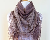 Scarf "Meridian" in BARLEY/MOCHA/Taupe/Warm Brown with rich lace edge - scarflette cowl neckwarmer