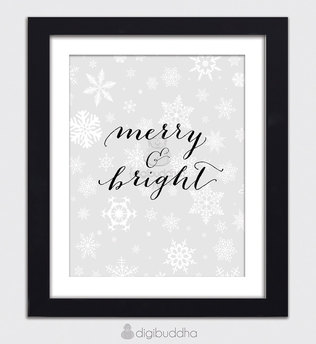 Christmas Snowflake Art Print Merry & Bright Winter Decor Holiday Art Print Snow Flake Poster White Modern Christmas