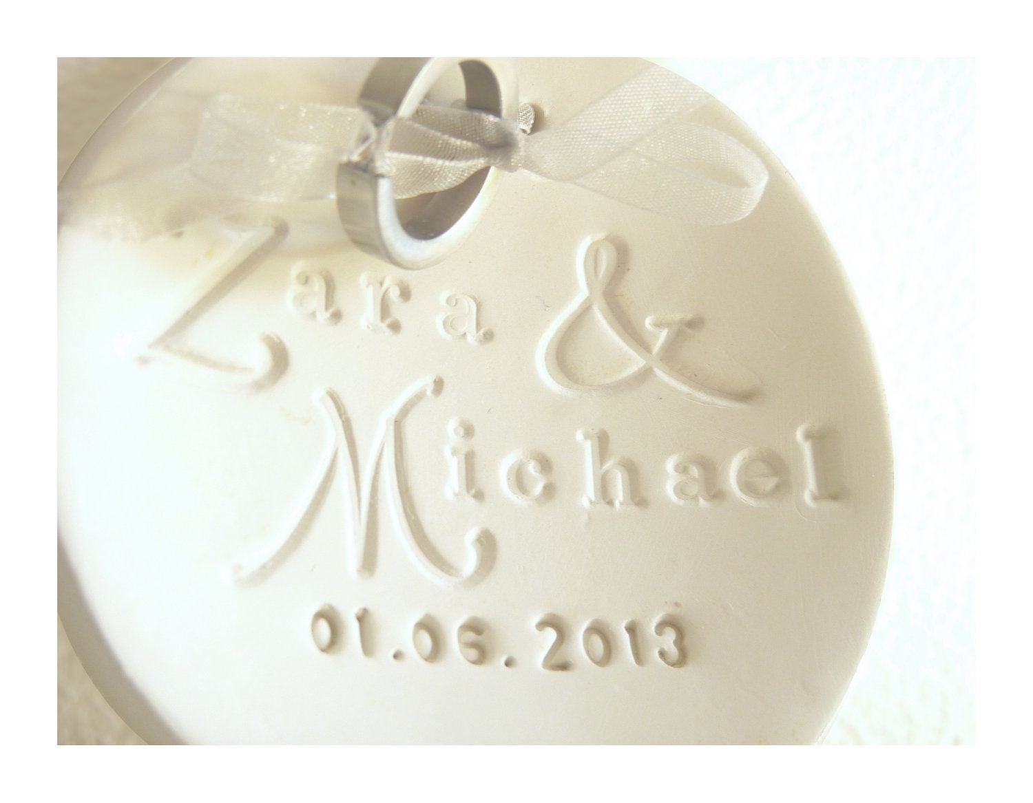 Romantic name ring dish with date and pearl edge - white porcelain