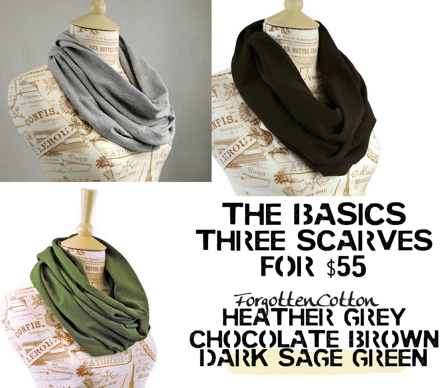 SALE Infinity Jersey Scarf Set Green Brown Heather Grey