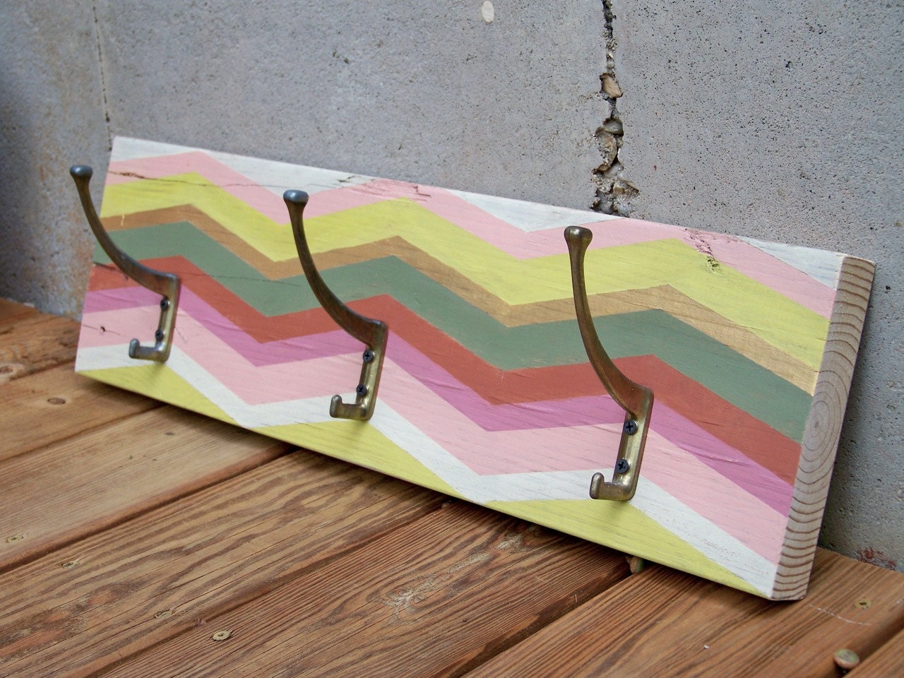 Reclaimed Wood Chevron Coat Rack with Brass Hooks