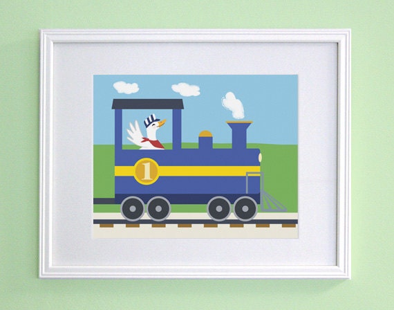 Train Nursery Decor - Duck Railroad Engineer Kids Wall Art (8x10)