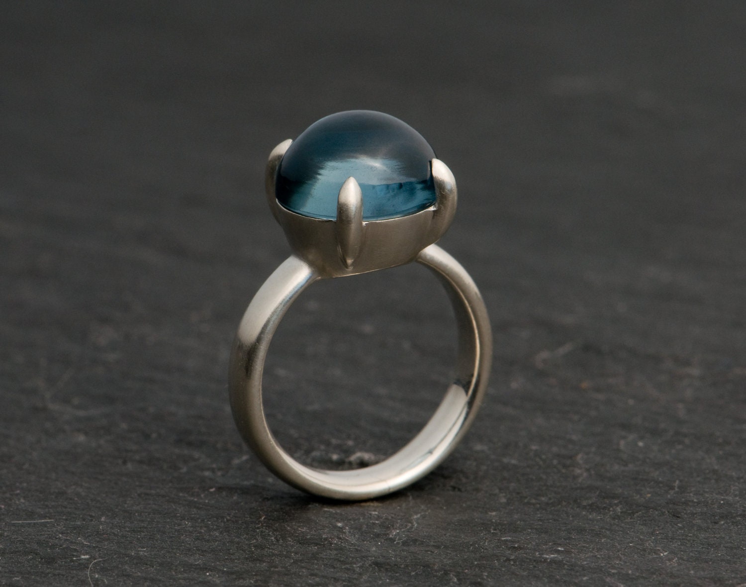 Blue Topaz Ring - Petrol Blue Topaz Cabochon Set in Sterling Silver Ring - Made to Order - Free Shipping