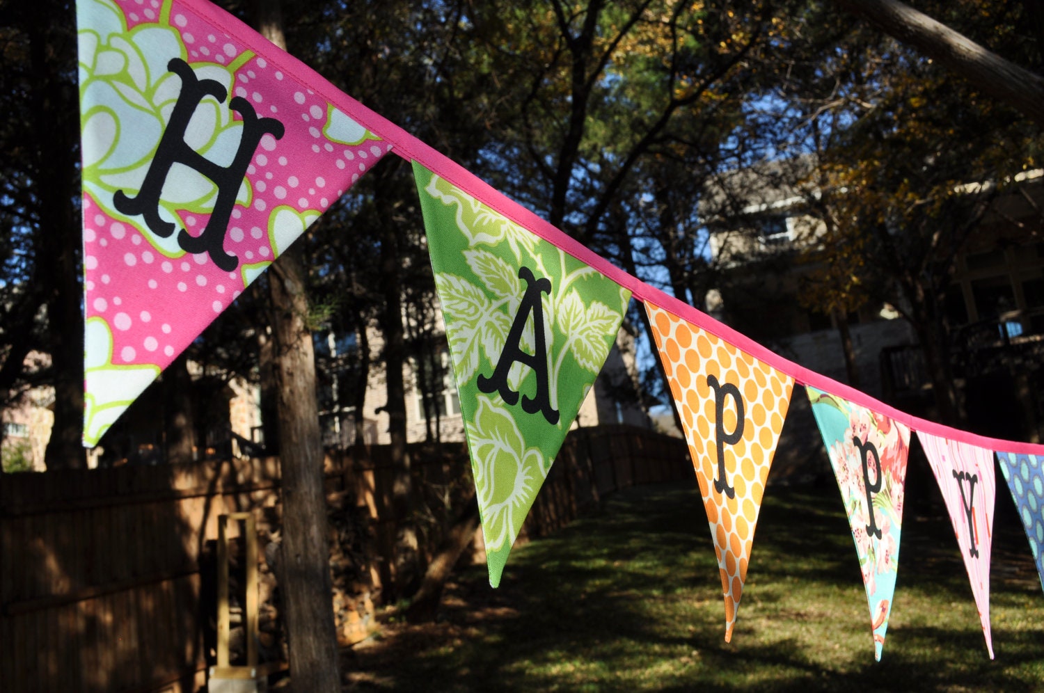 Happy Birthday fabric pennant banner bunting, Amy Butler-Heather Bailey, birthday party decoration, photo prop