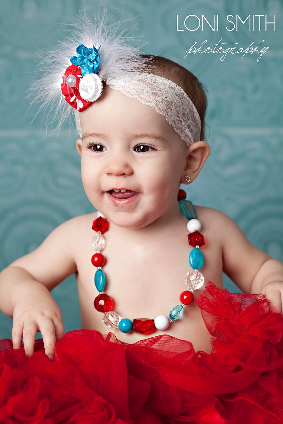 NEW ITEM Red, Turquoise, and White Puff Accessory and white lace headband