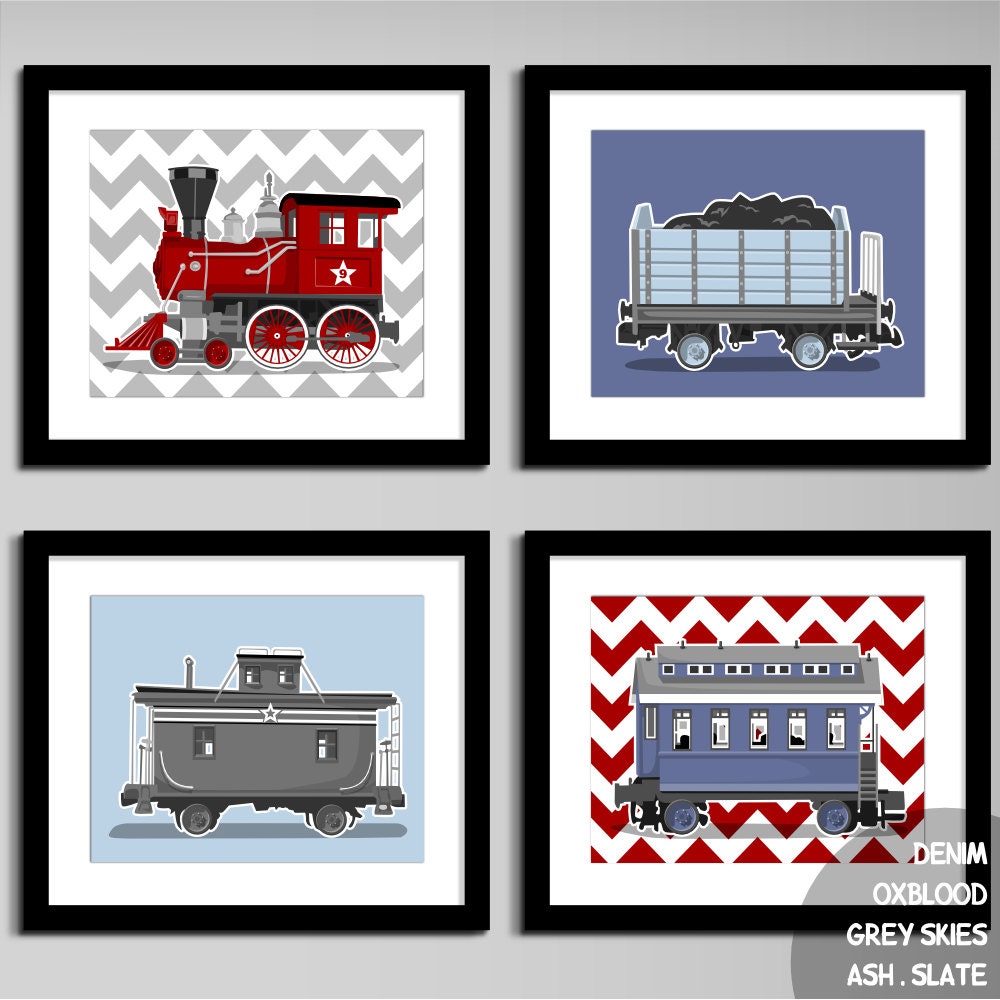 Train set wall art - chevron wall art prints - set of 4 childrens art prints - pick your colors, nursery art prints for boys