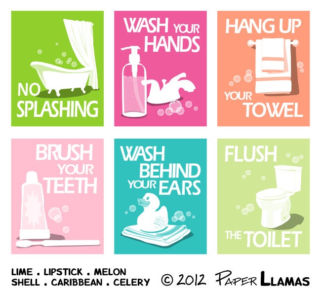 Bathroom Art Prints, Wash Your Hands, Brush Your Teeth, Wash behind your ears, No splashing, Pick 3 -custom colors- 5x7
