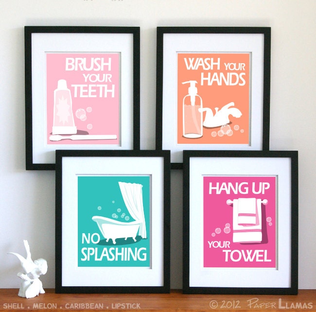 Childrens Bathroom Art Prints, Brush Your Teeth, Wash Your Hands, Wash Behind Your Ears, No Splashing Pick anyTwo 5 x 7 -custom colors
