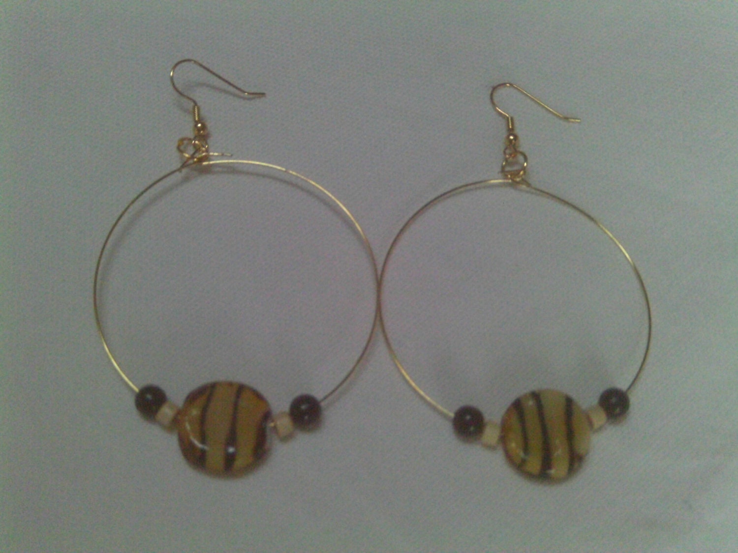 Gold Hoop and Czech Tiger Striped Bead Earrings, Tiger Striped Czech Bead Gold  Hoop Earrings,  Wood and Glass Beaded Hoops