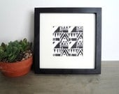 SALE Abstract Geometric Tribal Pattern Art Block Print 4 x 4 Square Home Decor / Black or Blue / Hand Pulled Linocut