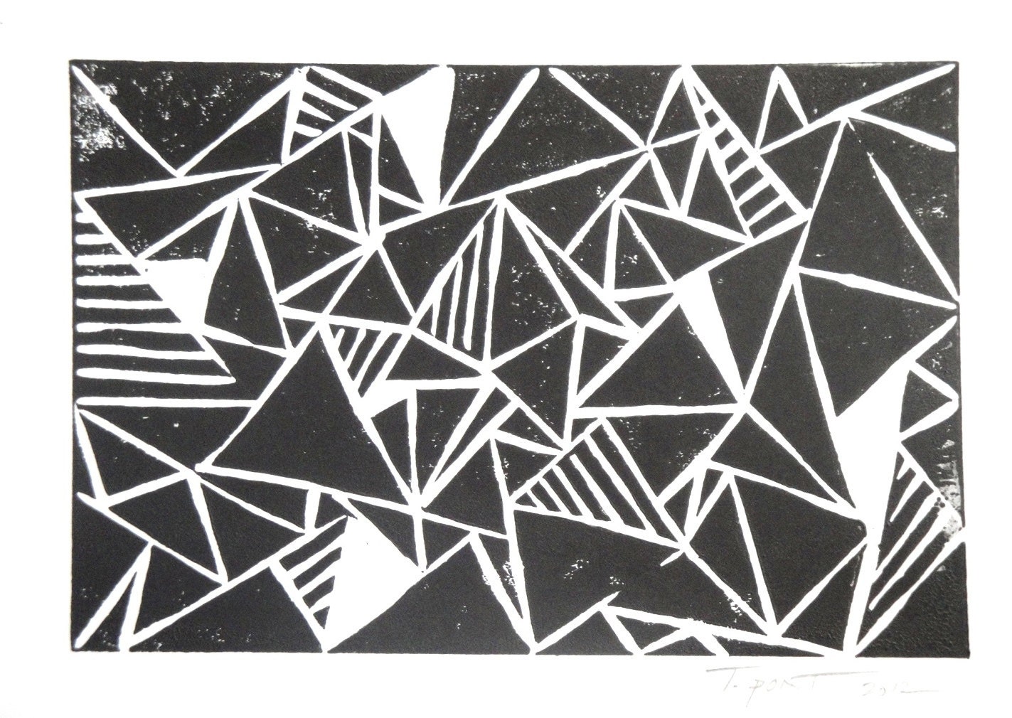 SALE Modern Geometric Triangles Art Block Print 4 x 6 Home Decor / Black, Turquoise, Taupe, Hot Pink, Blue / Hand Pulled Linocut