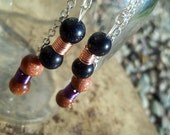 Wire Earrings, Wrapped Purple and Orange Goldstone Earrings, Long, Dangle, Chain, Free Shipping, OOAK, Ready for shipment.