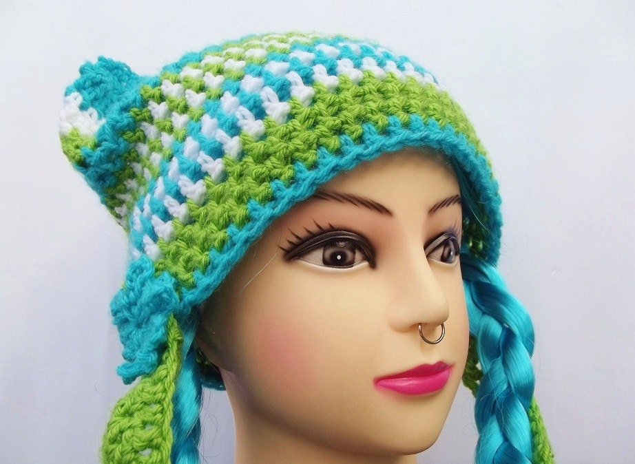 Hippie Crochet Hat - Pixie Eared, Striped Mint Candy Rainbow Knit