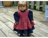 American Girl 18 inch Doll Navy Blue Cotton Pioneer Dress Red Calico Pinafore