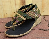 Abbie Vegan Wedge Sandals In Colorful Green Hmong Embroidery