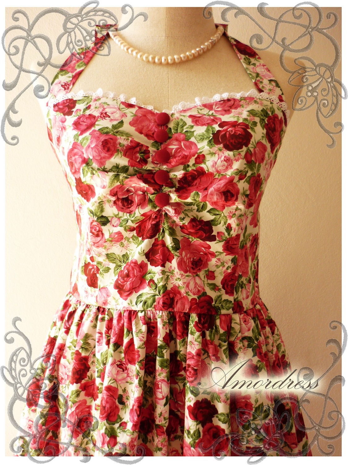 Floral Dress Rose Dress Summer Party Once Upon A Time Vintage Inspired Halter Neck Cerise Pink Red Rose w/ Little White Lace Dress -Size S-