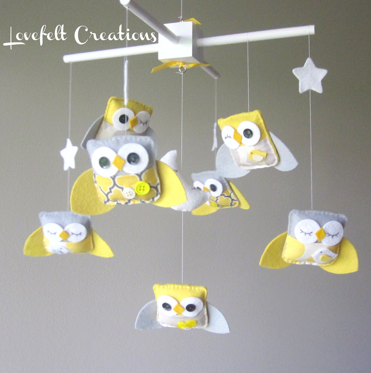 Baby Crib Mobile - Baby Mobile - Yellow and Gray Baby Mobile - Owl Mobile - Neutral Mobile