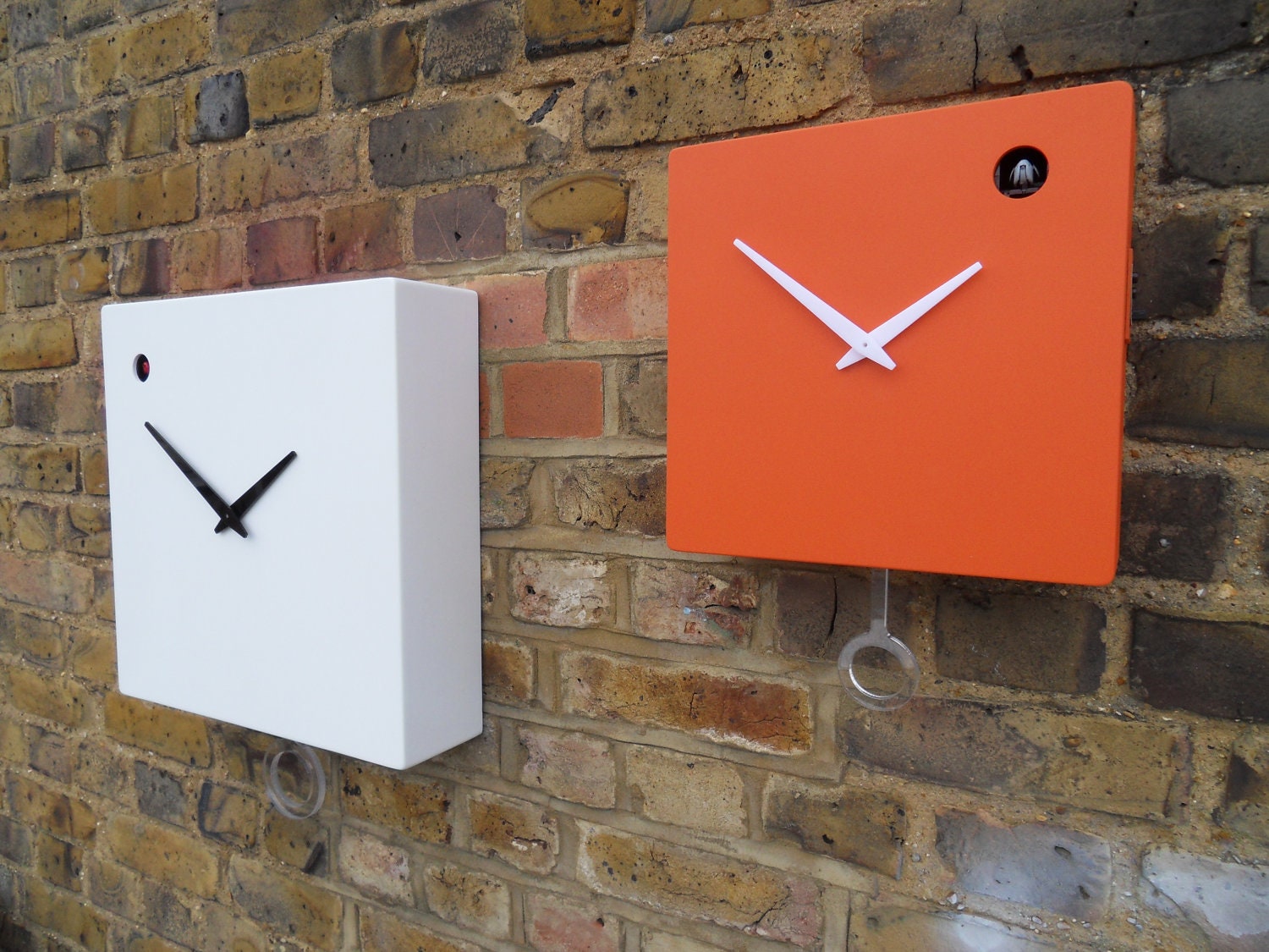 Modern orange cuckoo clock with moving bird & pendulum RESERVED