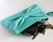 Bow Clutch, Aqua Linen