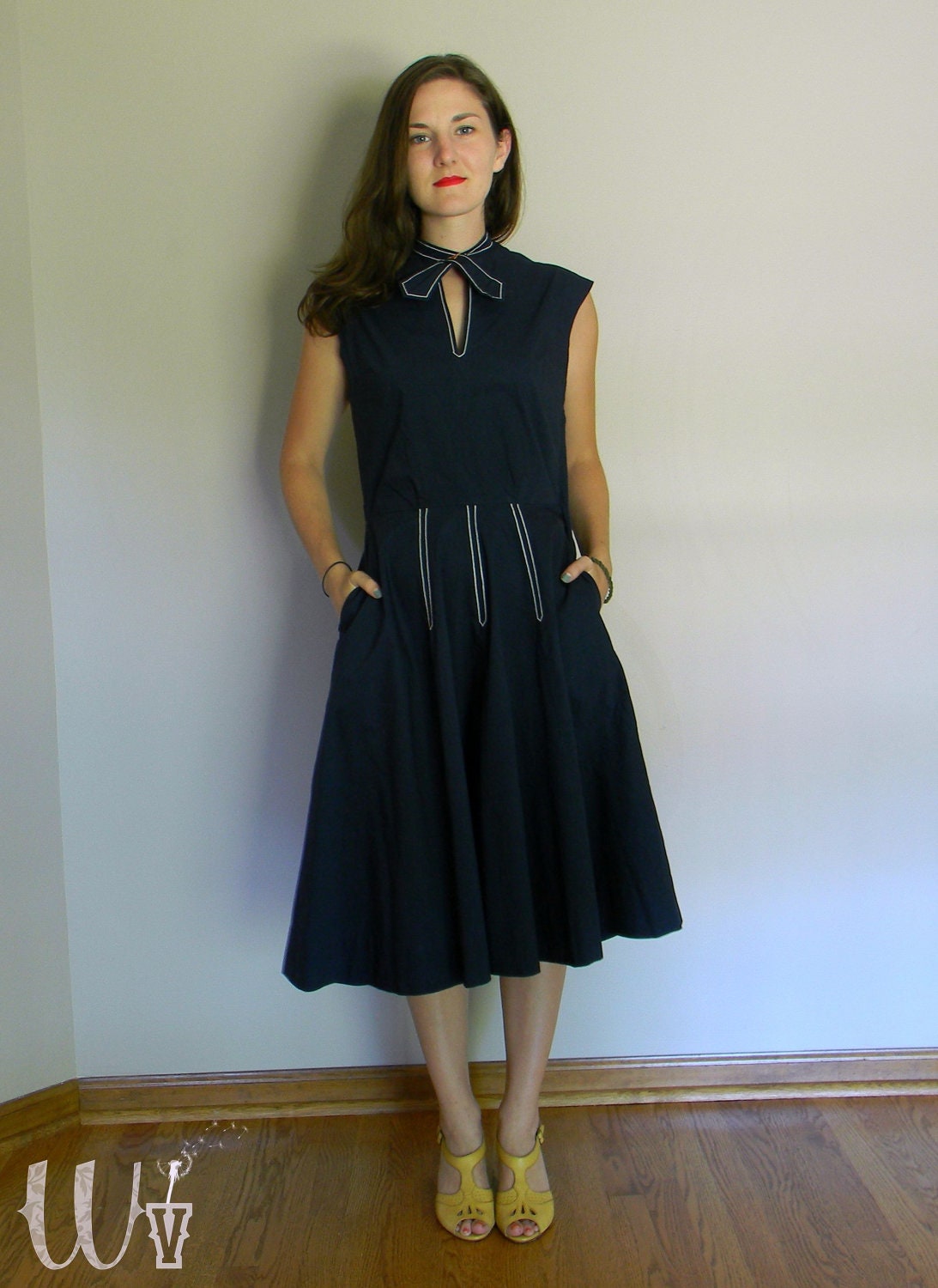 Navy Blue 50's Circle Dress w/ Continental Style Neck Tie and Pockets