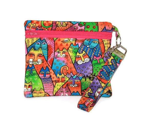 Wristlet Cats Mini Purse and Key Fob Keyring Zippered purse Laurel Burch Fabric