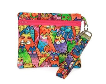 Wristlet Cats Mini Purse and Key Fob Keyring Zippered purse Laurel Burch Fabric