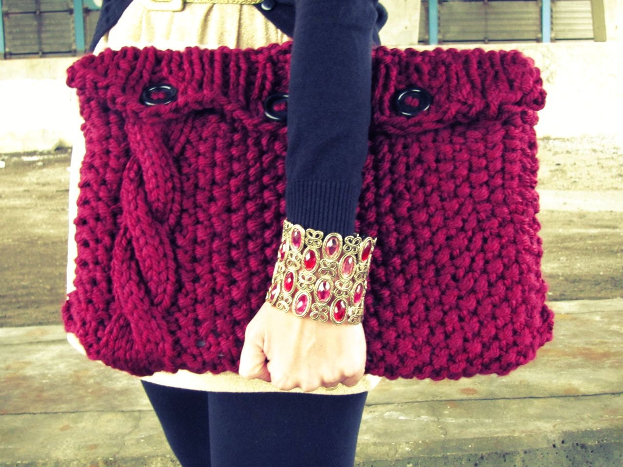 Knitted Laptop Sleeve Computer Cozy Electronic Case Red Cable Knit With Buttons Gadget Accessories Burgundy