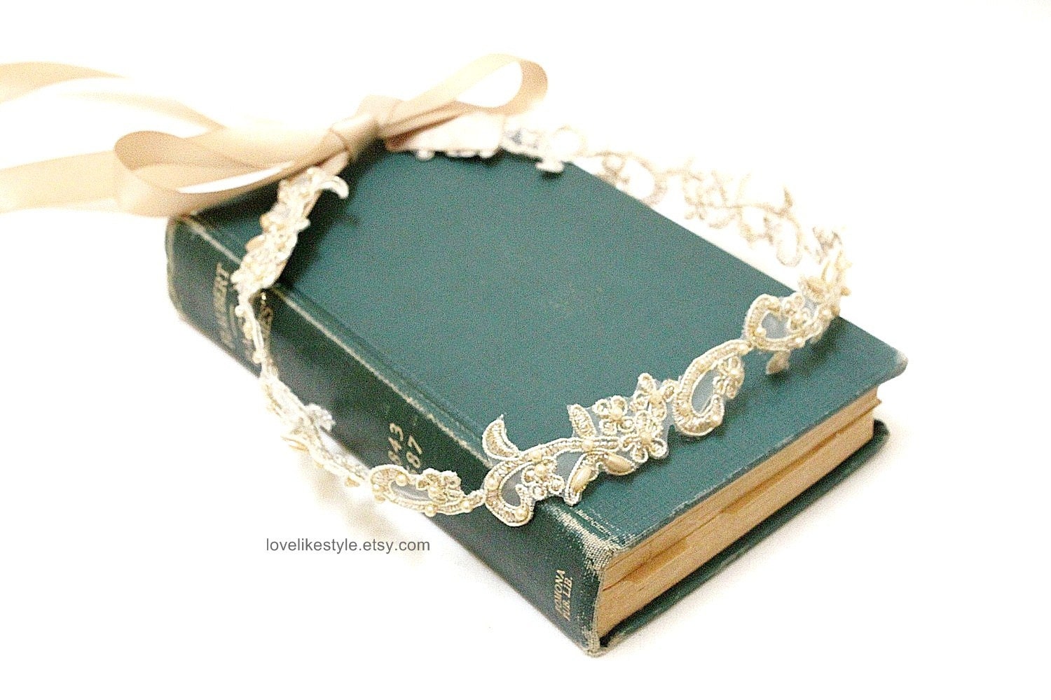 Skinny Gold Flower and Pearl Beading  Lace with Champagne Ribbon HeadBand / Skinny Lace Sash, Bridal Sash, Bridesmaid Sash