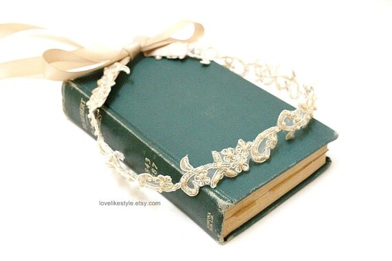Skinny Gold Flower and Pearl Beading  Lace with Champagne Ribbon HeadBand / Skinny Lace Sash, Bridal Sash, Bridesmaid Sash