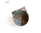 Green Patina Copper Round Disc Unisex Handcrafted Eco Friendly Soldered Rustic Metalwork Adjustable Artisan Cocktail Statement Ring-Size 6